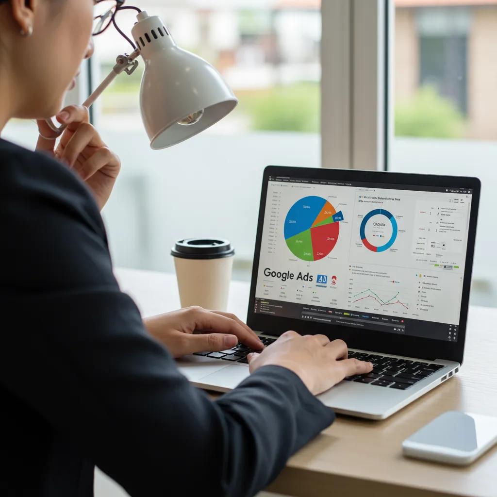 Business professional analyzing Google Ads performance metrics in a modern workspace