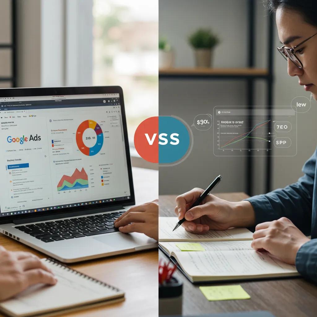 Comparison of Google Ads and SEO strategies in a modern workspace