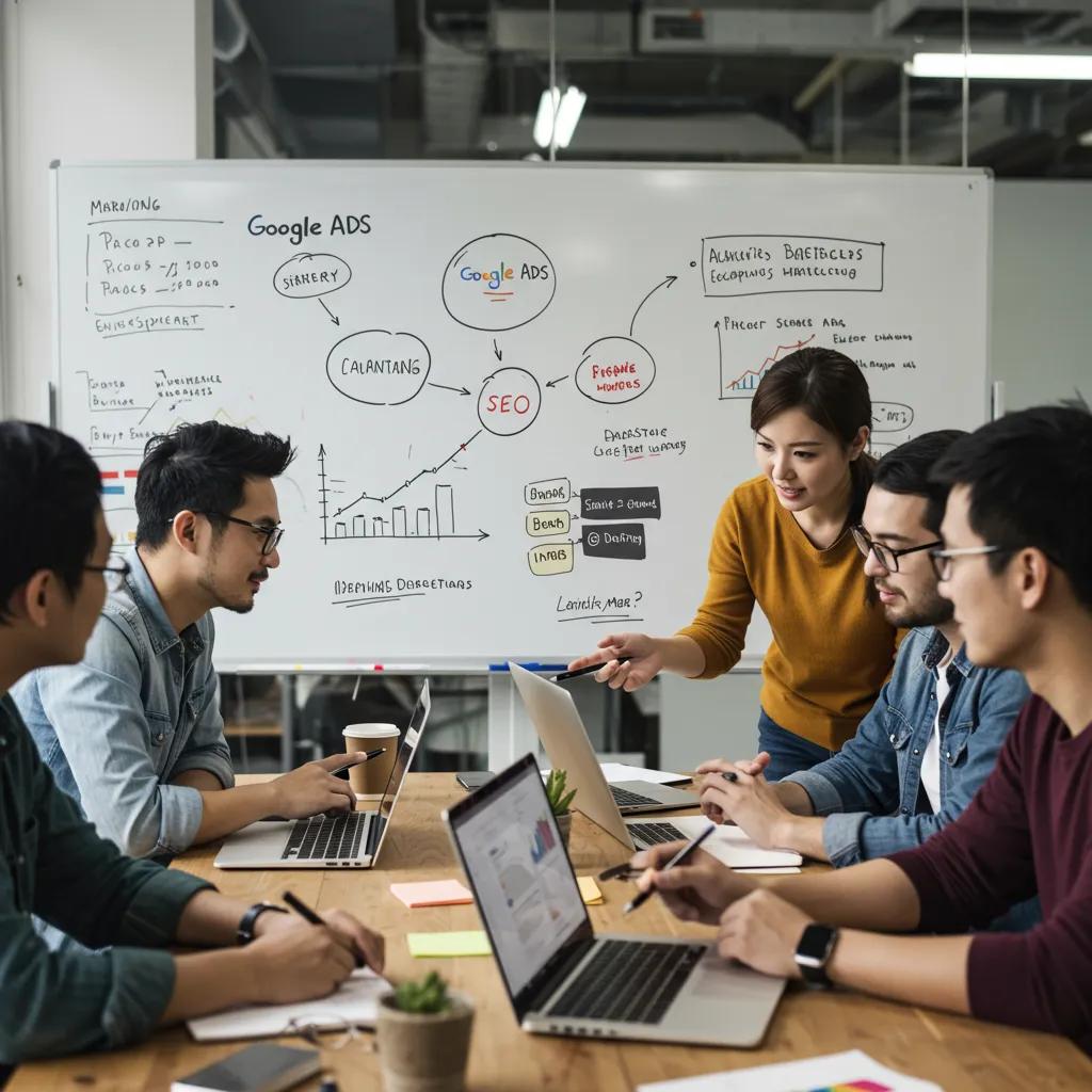 Digital marketing team collaborating on Google Ads and SEO strategies