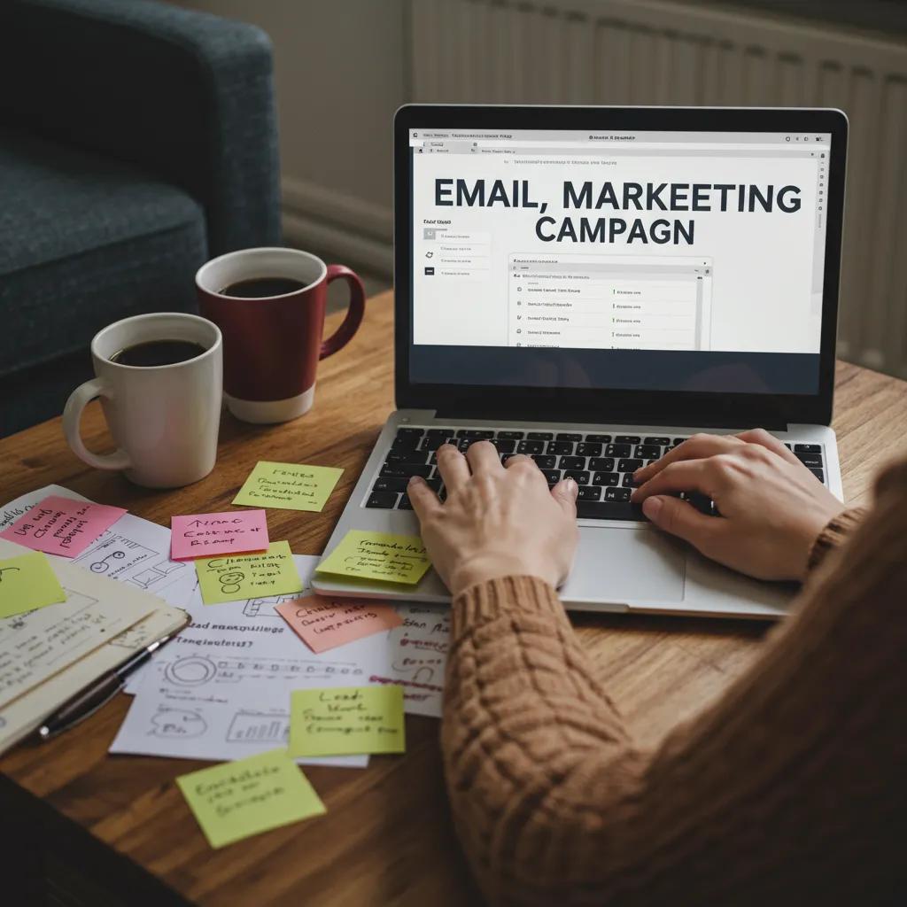 Person creating an email marketing campaign with lead magnets in a cozy workspace