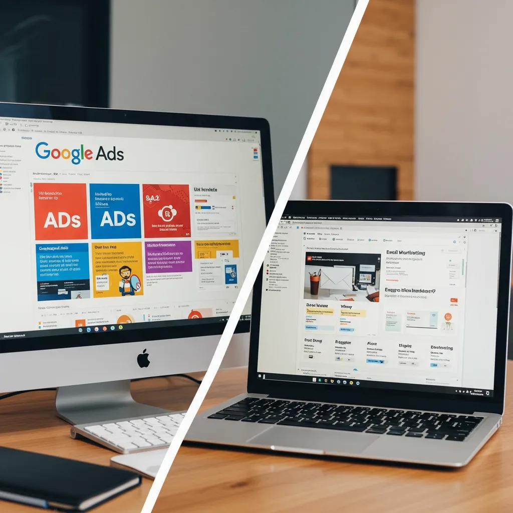 Visual comparison of Google Ads and email marketing strategies in a modern office setting