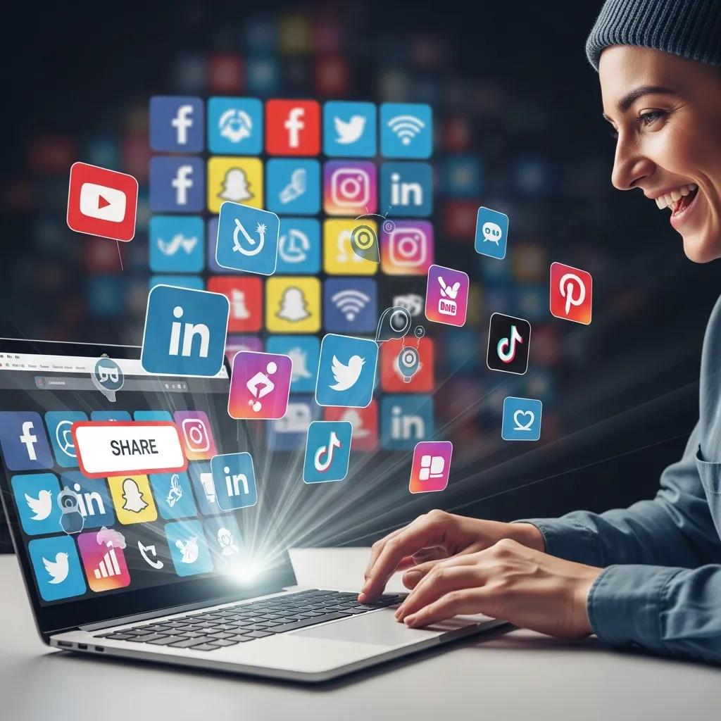 Person sharing content on social media platforms from a laptop